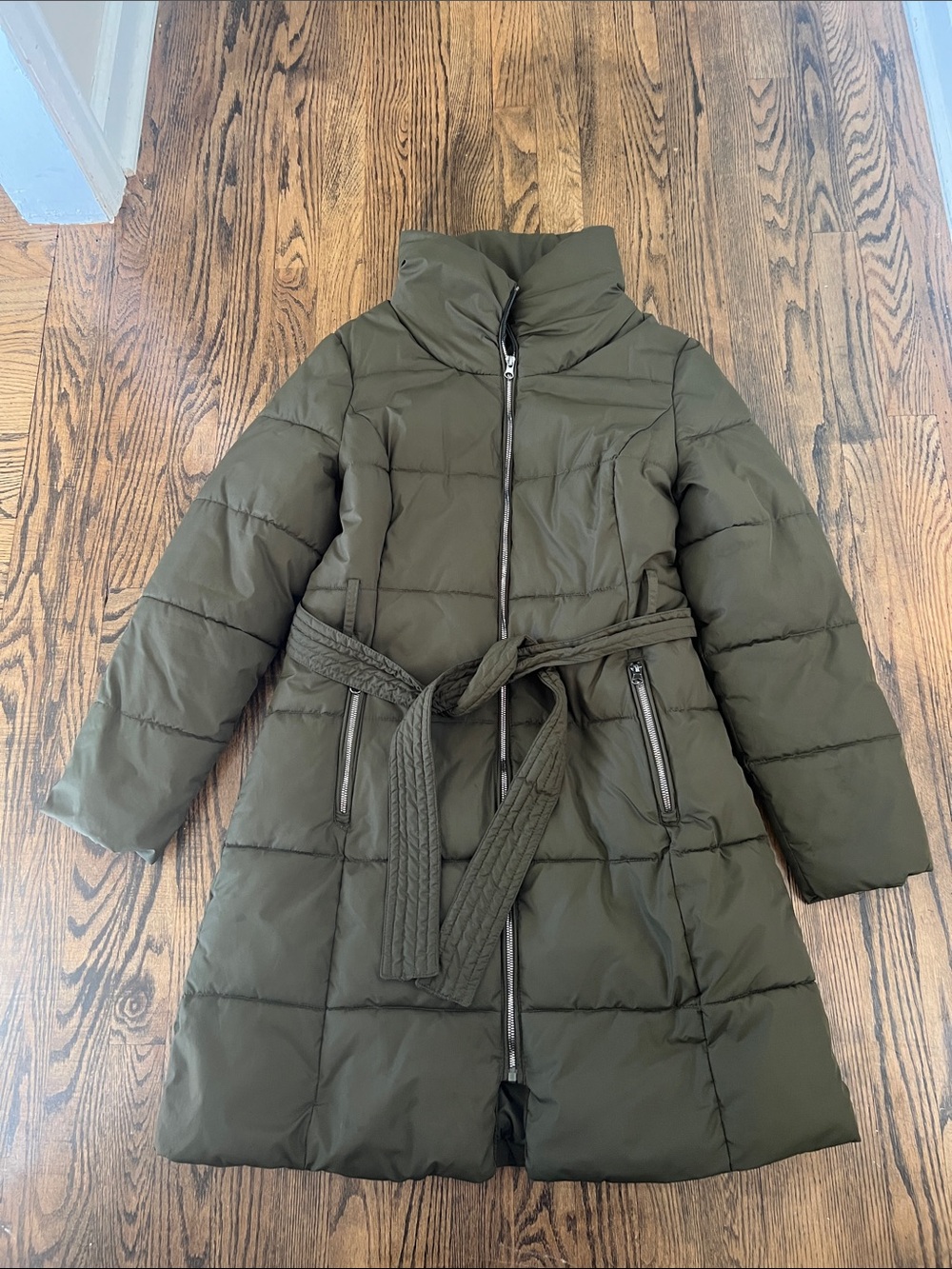 Mossimo Supply Co. Olive Green Quilted Belted Puffer Coat